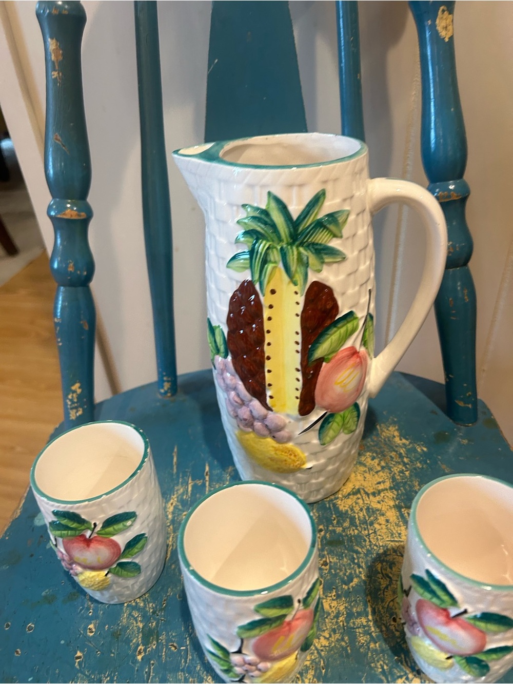 Hand-Painted Fruit Ceramic Pitcher and Cups - White with Multicolor Fruit Motif